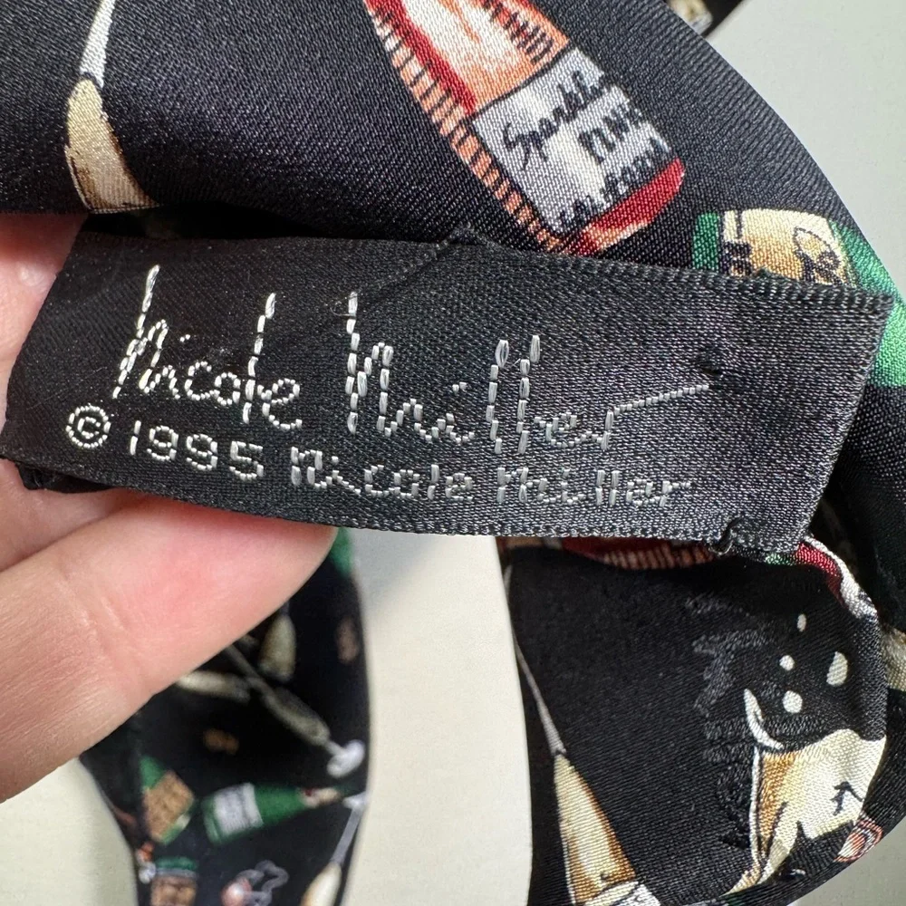 1990’s Vintage NICOLE MILLER Black CHAMPAGNE BOTTLE GLASS Graphic Scarf Retro